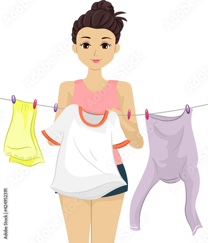 Teen Girl Hang Clothes Laundry Illustration
