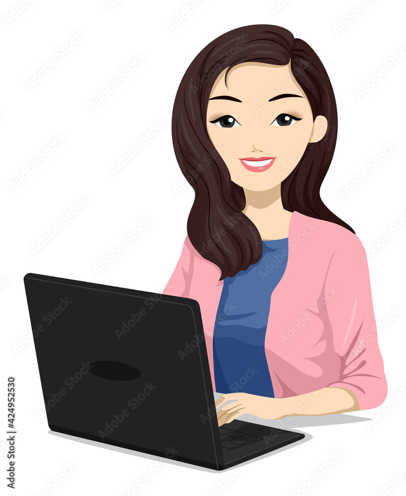 Teen Girl North Eastern Asian Laptop Illustration Teen Girl North Eastern Asian Laptop Illustration
