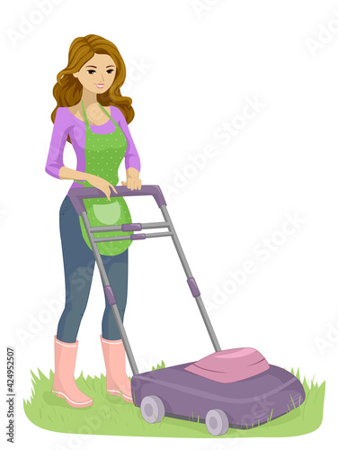 Teen Girl Lawn Mower Grass Illustration