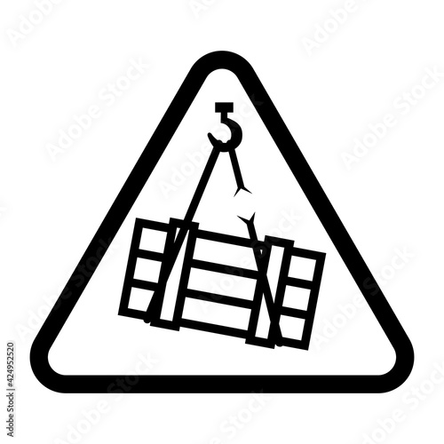 Suspended load warning sign. Vector illustration of black and white triangle sign with overhead load icon inside. Caution dangerous cargo symbol isolated on background. Symbol used in warehouse.