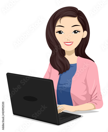 Teen Girl North Eastern Asian Laptop Illustration