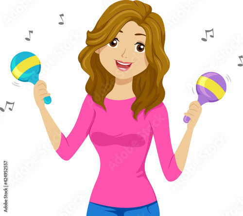 Teen Girl Play Maracas Music Notes Illustration