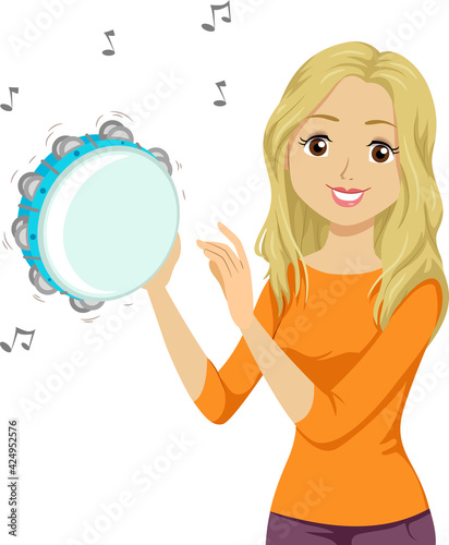 Teen Girl Play Tambourine Illustration