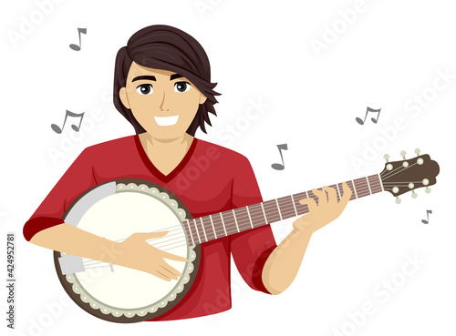 Teen Guy Play Banjo Music Notes Illustration