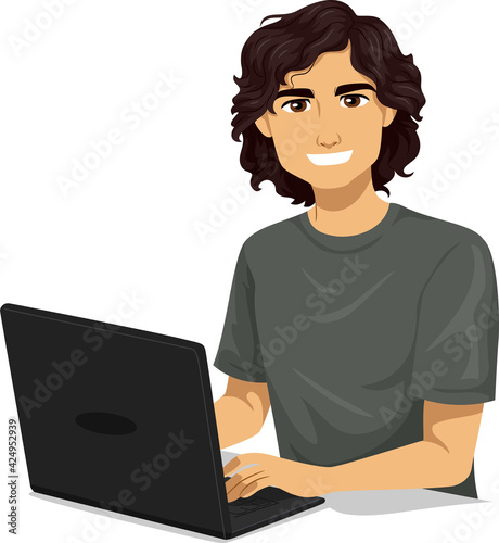 Teen Boy Hispanic Laptop Illustration