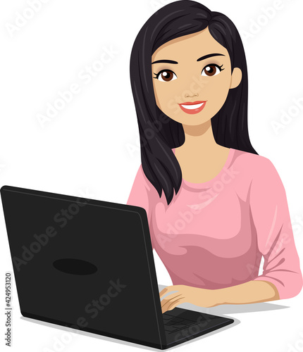 Teen Girl South East Asian Laptop Illustration