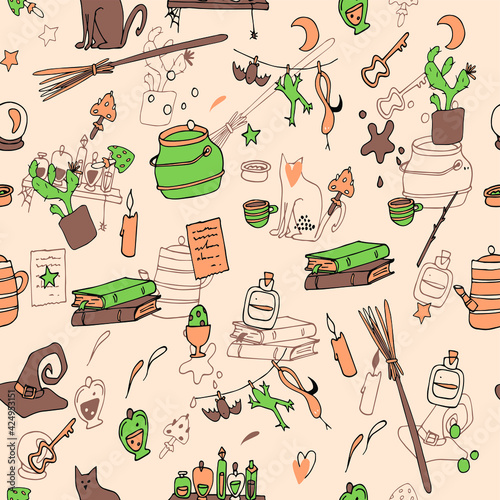 Halloween flat hand drawn seamless pattern. Cartoon seamless texture with magic items.