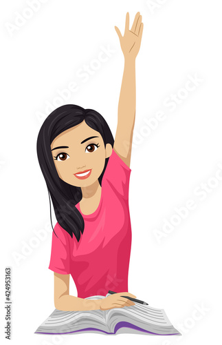 Teen Girl Asian Student Raise Hand Illustration