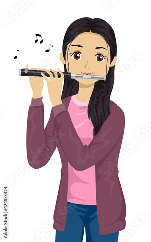 Teen Girl Play Piccolo Music Notes Illustration