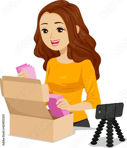 Teen Girl Unboxing Mobile Video Illustration