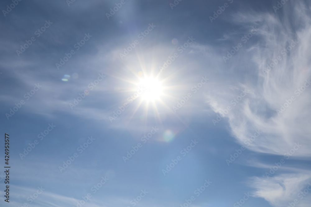 Bright sun and fluffy white clouds in blue sky