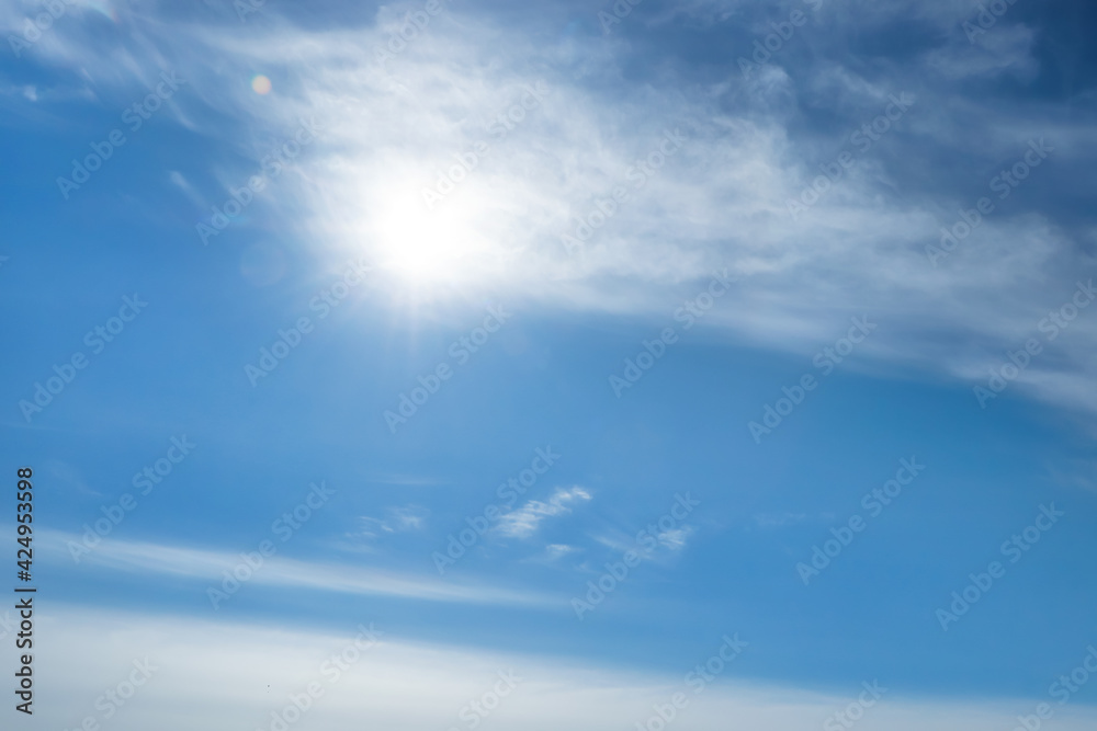 Bright sun and fluffy white clouds in blue sky