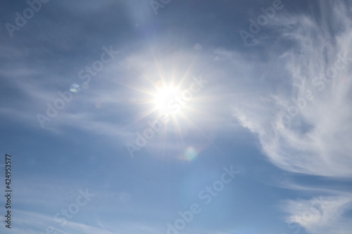 Bright sun and fluffy white clouds in blue sky