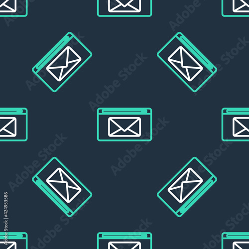 Line Mail and e-mail icon isolated seamless pattern on black background. Envelope symbol e-mail. Email message sign. Vector