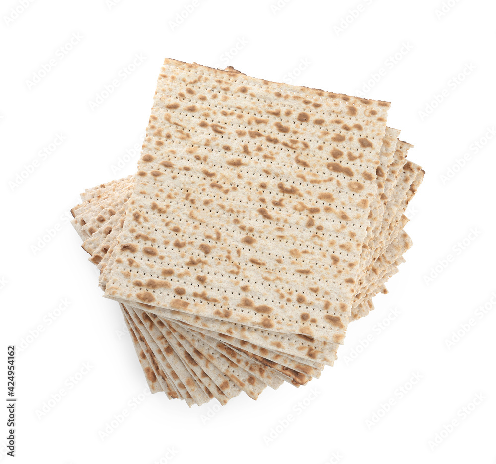 Passover matzos isolated on white, top view. Pesach celebration Passover matzos isolated on white, top view. Pesach celebration