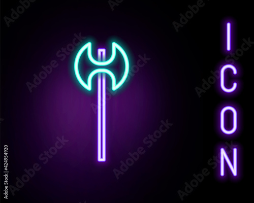 Glowing neon line Medieval axe icon isolated on black background. Battle axe, executioner axe. Medieval weapon. Colorful outline concept. Vector