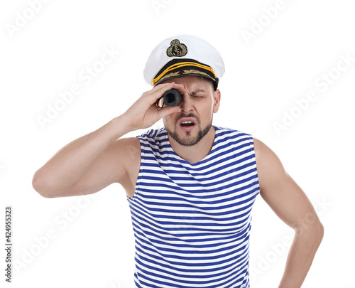 Sailor with looking through monocular on white background © New Africa