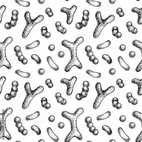 Bacterium seamless pattern in realistic sketch stile. Hand drawn medical background. Vector illustration