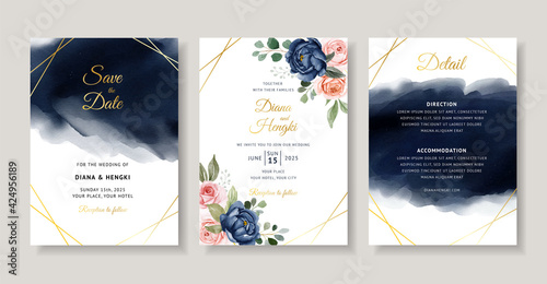 Elegant navy floral watercolor invitation card template