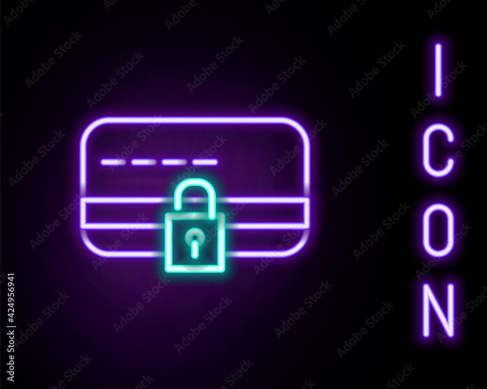 Glowing neon line Credit card with lock icon isolated on black background. Locked bank card. Security, safety, protection. Concept of a safe payment. Colorful outline concept. Vector Glowing neon line Credit card with lock icon isolated on black background. Locked bank card. Security, safety, protection. Concept of a safe payment. Colorful outline concept. Vector