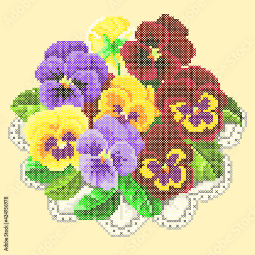 vector art cross stitch pansies