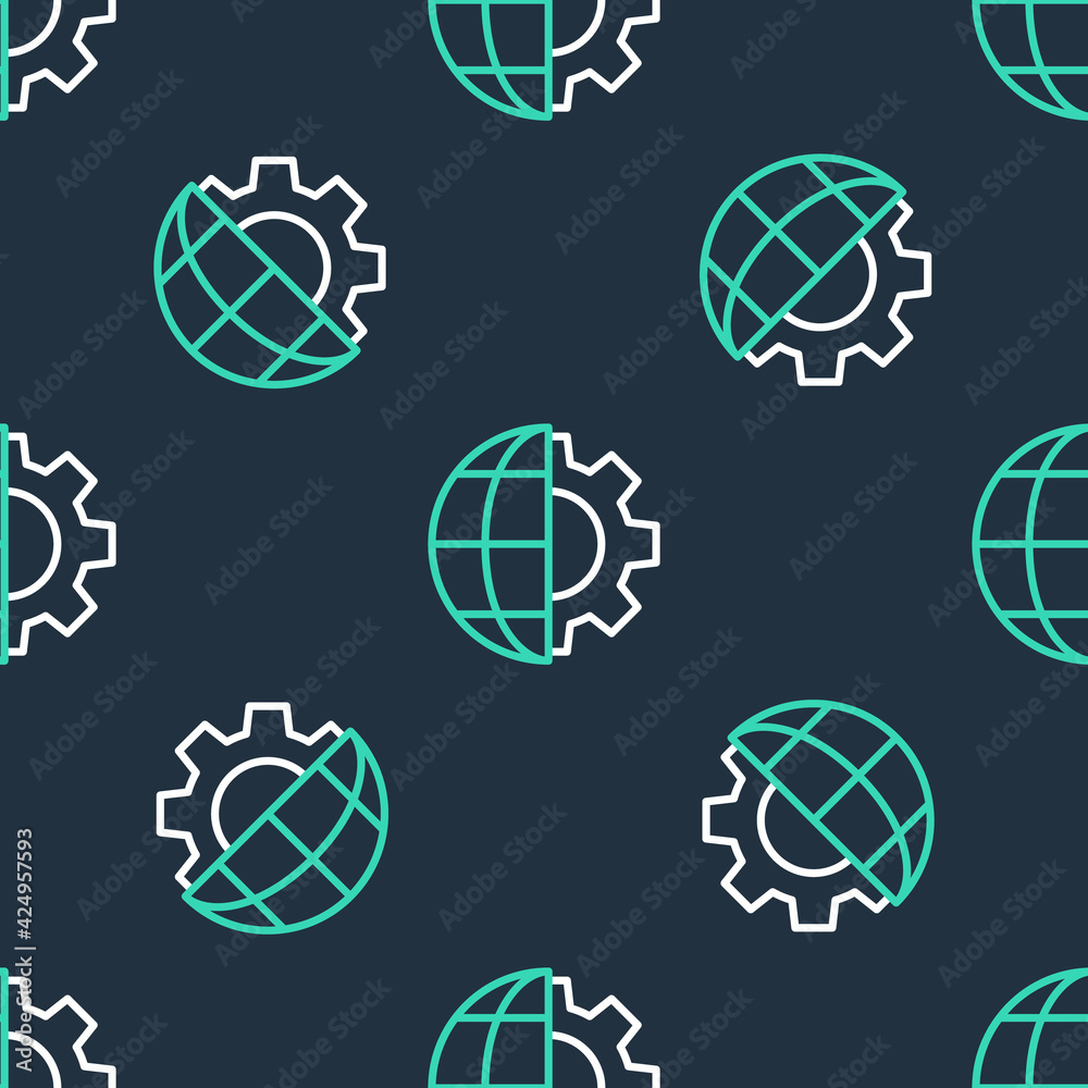 Line Globe of the Earth and gear or cog icon isolated seamless pattern on black background. Setting parameters. Global Options. Vector Line Globe of the Earth and gear or cog icon isolated seamless pattern on black background. Setting parameters. Global Options. Vector