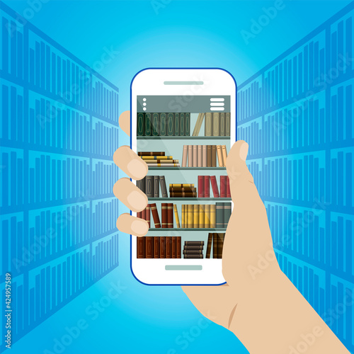Smartphone in hand with an online bookstore, library, and education app. Vector concept online book
