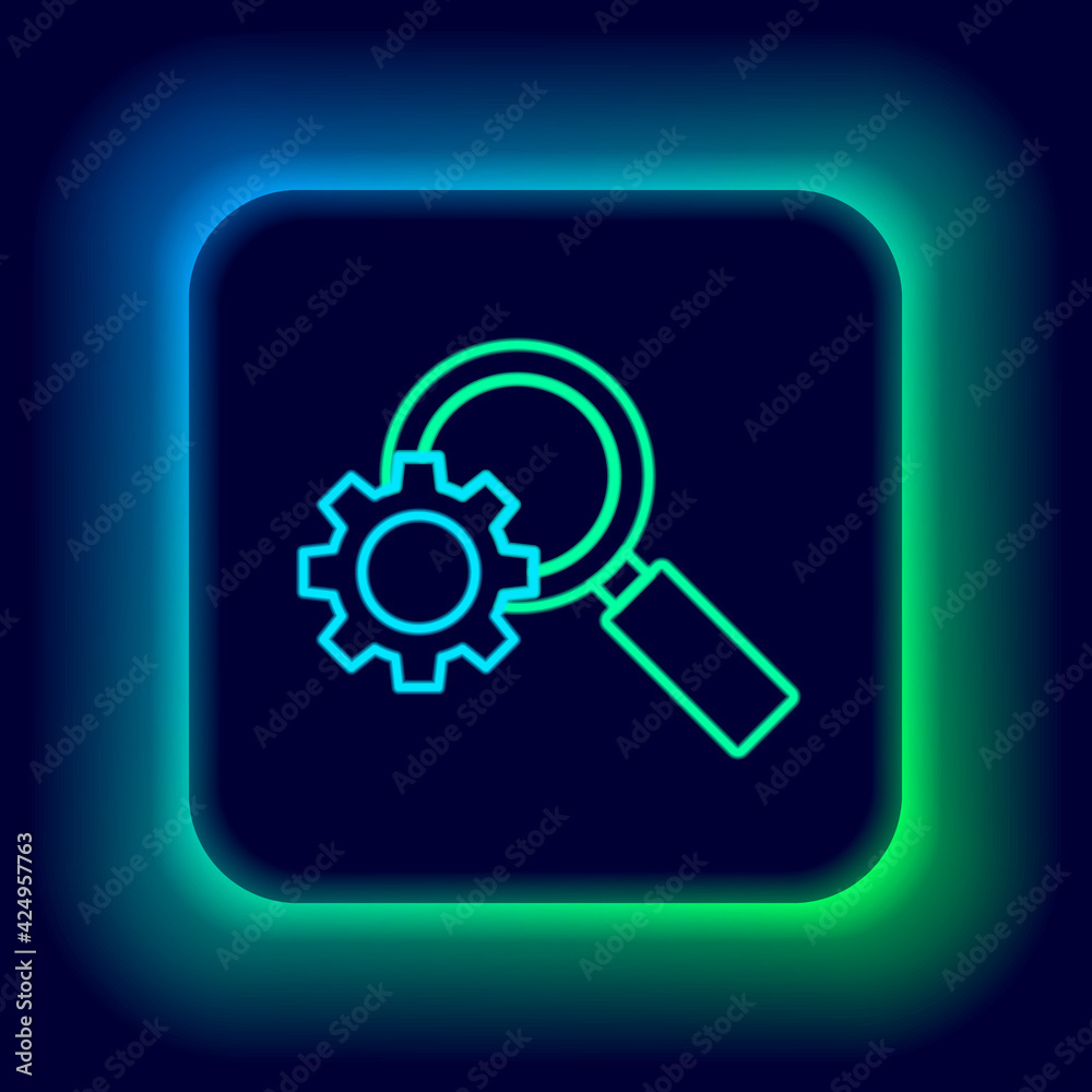 Glowing neon line Magnifying glass and gear icon isolated on black background. Search gear tool. Business analysis symbol. Colorful outline concept. Vector