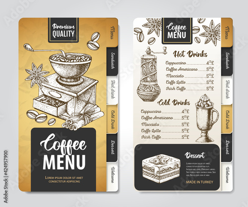 Restaurant Coffee menu design. Decorative sketch of coffee grinder