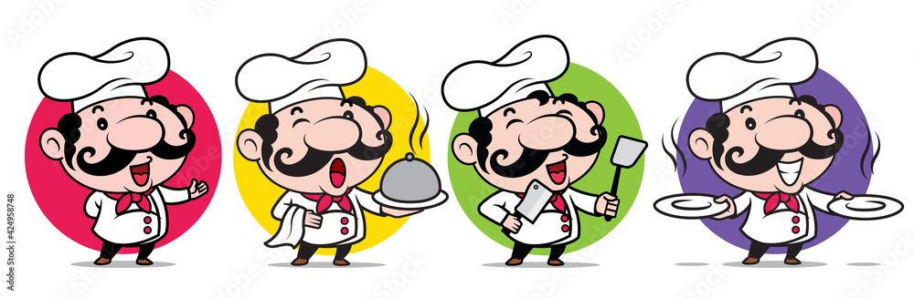 Cartoon cute chef mascot set. Happy smiling Italian chef with big moustache holding different kind of kitchen wares, serving food, empty plates and welcome hand sign on colourful background Cartoon cute chef mascot set. Happy smiling Italian chef with big moustache holding different kind of kitchen wares, serving food, empty plates and welcome hand sign on colourful background