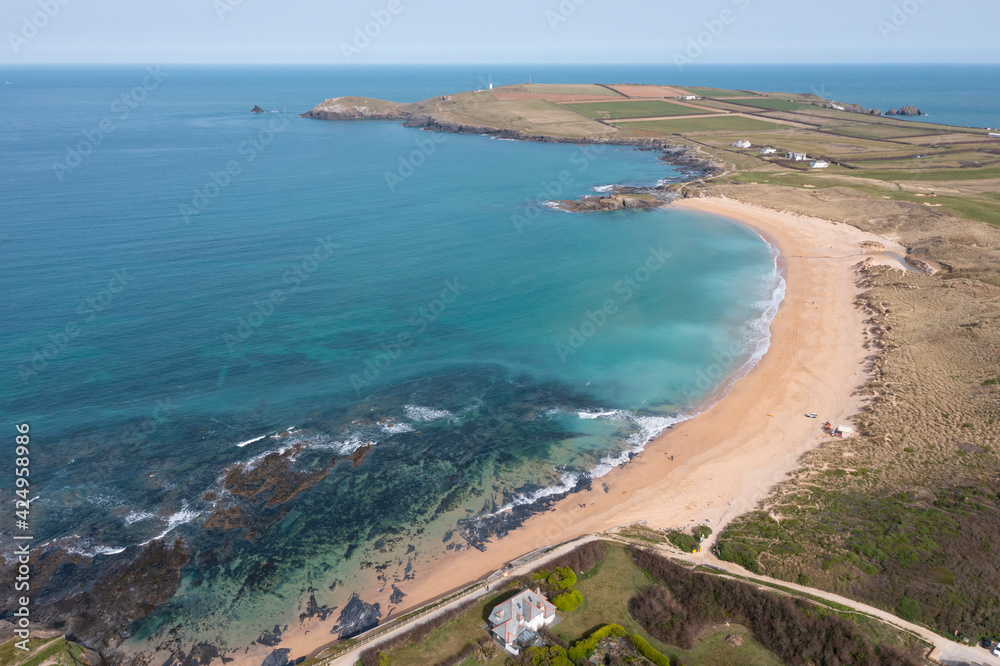 Aerial photograph of Constantine Bay near Newquay and Padstow, Cornwall, England.