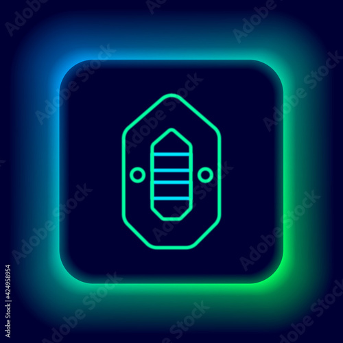 Glowing neon line Rafting boat icon isolated on black background. Inflatable boat. Water sports, extreme sports, holiday, vacation. Colorful outline concept. Vector