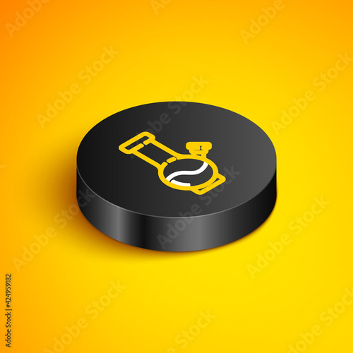 Isometric line Glass bong for smoking marijuana or cannabis icon isolated on yellow background. Black circle button. Vector