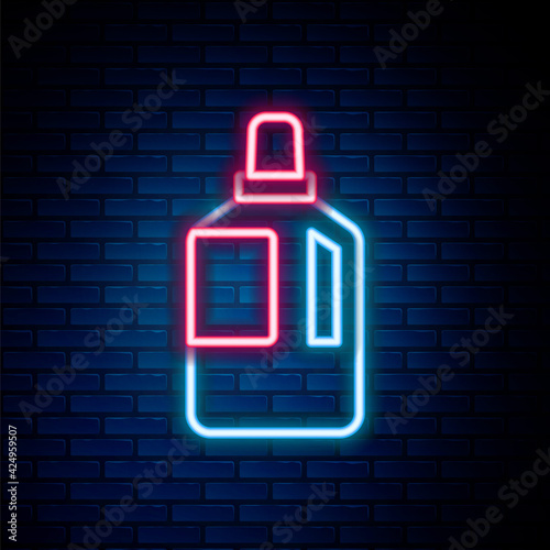 Glowing neon line Fabric softener icon isolated on brick wall background. Liquid laundry detergent, conditioner, cleaning agent, bleach. Colorful outline concept. Vector