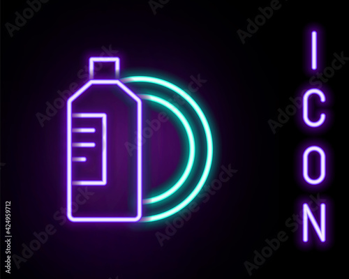 Glowing neon line Dishwashing liquid bottle and plate icon isolated on black background. Liquid detergent for washing dishes. Colorful outline concept. Vector