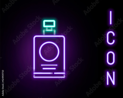 Glowing neon line Hand sanitizer bottle icon isolated on black background. Disinfection concept. Washing gel. Alcohol bottle for hygiene. Colorful outline concept. Vector