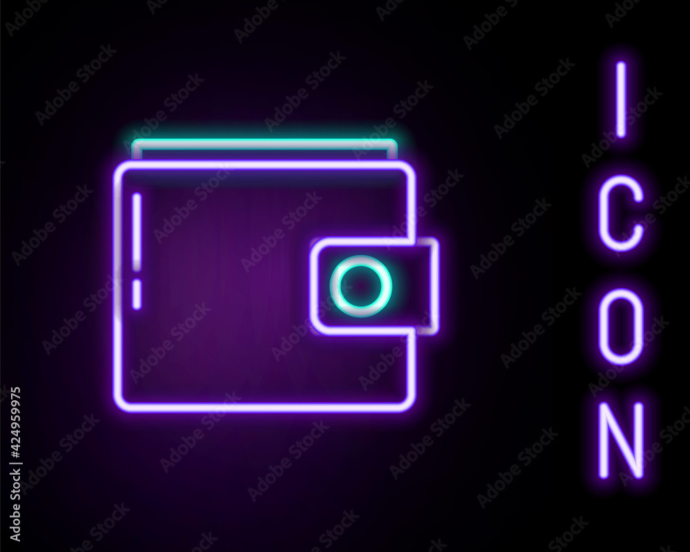Glowing neon line Wallet icon isolated on black background. Purse icon. Cash savings symbol. Colorful outline concept. Vector Glowing neon line Wallet icon isolated on black background. Purse icon. Cash savings symbol. Colorful outline concept. Vector