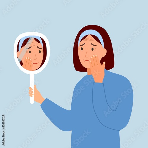 Young woman hand mirror worrying about her wrinkle on face in flat design. Wrinkle aging problem on female skin