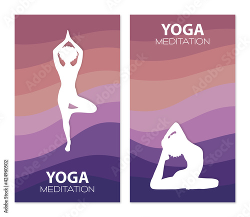 Woman doing yoga poses papercut silhouette vector, colorful waves vertical banner, yoga social media story template