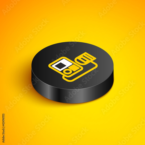Isometric line Blood pressure icon isolated on yellow background. Black circle button. Vector