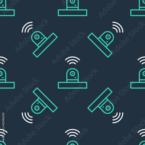 Line Smart security camera icon isolated seamless pattern on black background. Internet of things concept with wireless connection. Vector