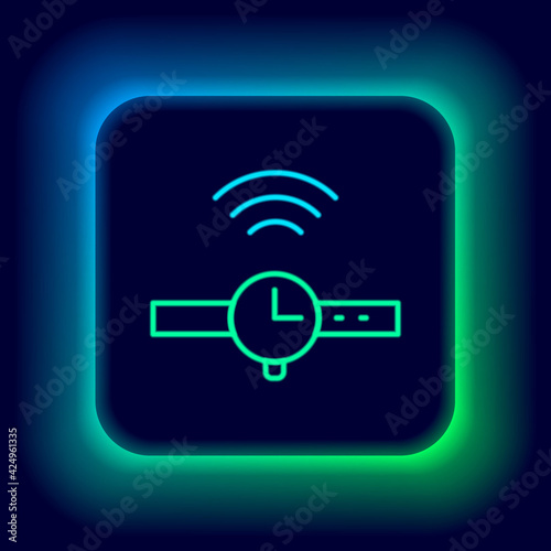 Glowing neon line Smartwatch icon isolated on black background. Internet of things concept with wireless connection. Colorful outline concept. Vector