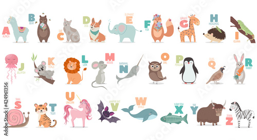 Fototapeta Naklejka Na Ścianę i Meble -  English alphabet with cute cartoon animals for kids education. Letter with a funny animal.