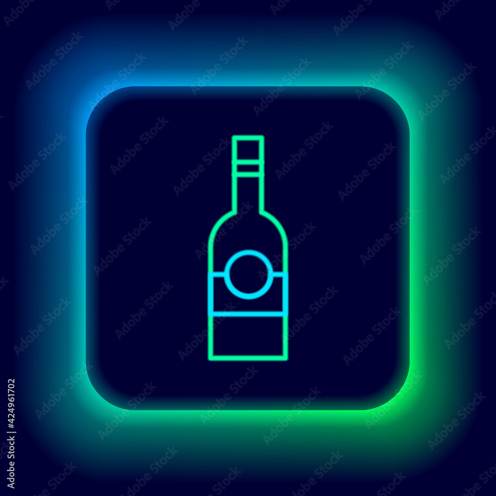 Glowing neon line Glass bottle of vodka icon isolated on black background. Colorful outline concept. Vector Glowing neon line Glass bottle of vodka icon isolated on black background. Colorful outline concept. Vector