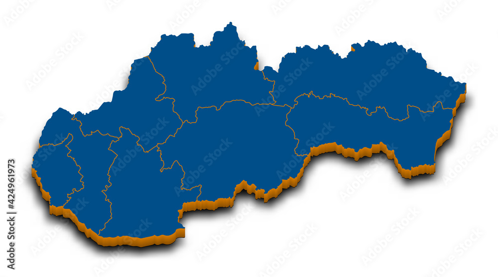 Obraz premium Slovakia map vector. High detailed administrative 3D map of Slovakia with dropped shadow. Vector blue isometric silhouette with administrative divisions. All isolated on white background
