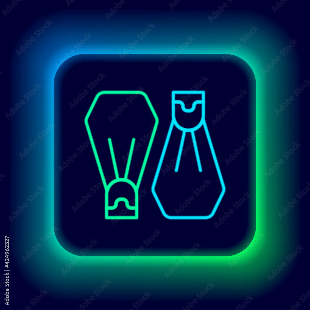 Glowing neon line Rubber flippers for swimming icon isolated on black background. Diving equipment. Extreme sport. Sport equipment. Colorful outline concept. Vector Glowing neon line Rubber flippers for swimming icon isolated on black background. Diving equipment. Extreme sport. Sport equipment. Colorful outline concept. Vector