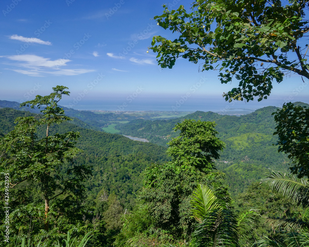 Scenic tropical landscape of mountains and forest with sea on the horizon, near Polewali, West Sulawesi, Indonesia