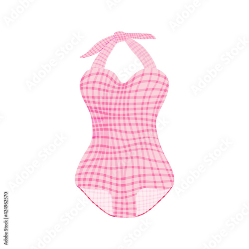 Summer beach female one-piece swimsuit in retro style. Women swimming clothes. Women swimwear with pattern. Single icon, flat cartoon colorful vector illustration isolated on white background