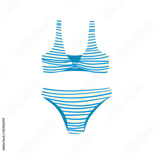 Summer beach female two-piece swimsuit in retro style. Top and bottom of swimwear. Women bikini with pattern. Single icon, flat cartoon colorful vector illustration isolated on white background