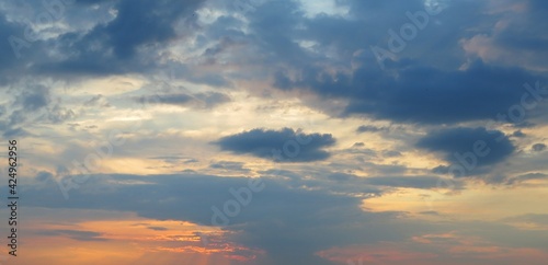 Panoramic view of beautiful blue orange sunset background